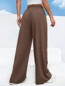 EURMUSE Women's Solid Color Elastic Waist Wide Leg Loose Casual Pants - Brown - View 2