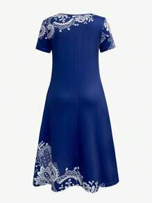 SHEIN LUNE Summer Casual Pleated Dress With Random Print - Blue - View 2