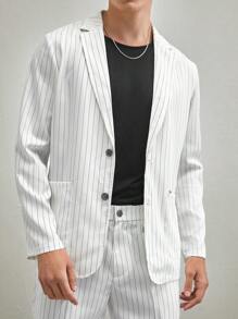 Manfinity RebelGame 男士梭织条纹休闲西装外套，适合秋季和办公室穿着，适合秋冬 - 白色 - 查看 1