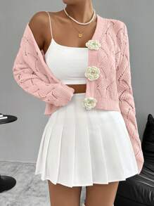 Chiquease 女士常规版型 3D 立体花朵粉色开衫套装可爱开衫女童