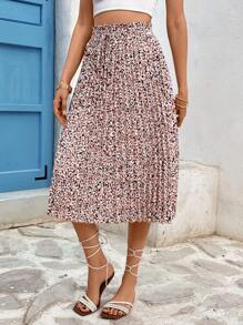 SHEIN VCAY 女士百褶高腰假日印花裙，帶荷葉邊緣 - 彩色 - 查看 5