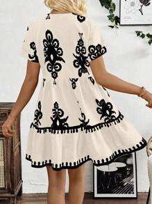 SHEIN LUNE V-Neck All-Over Print Short Sleeve Summer Dress - Apricot - View 2