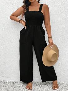 SHEIN Clasi 加大码纯色无袖连体裤，配有宽肩带和口袋 - 黑色 - 查看 1