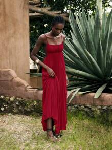 Maija Women's Burgundy Summer Vacation Dress, Minimalist Sleeveless Pleated Beach Dress For Warm Weather - Red - View 4