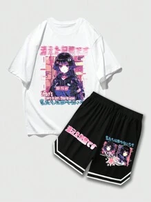 ROMWE MEN Anime Nam Mùa Hè Nhân Vật Hoạt Hình & Khẩu Hiệu In Cổ Tròn Tay Ngắn Áo Thun Và Dây Rút Eo Quần Short Bộ - Đen và trắng - Xem 1
