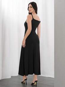 Mulvari 女士素色修身細帶長裙，適合日常休閒穿著 - 黑色 - 查看 2