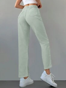 Cottnline High Waist Zipper Fly Front Denim Pants - Mint Green - View 2