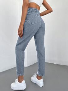 RueChic High Waist Ripped Mom Fit Jeans - Light Wash - View 2