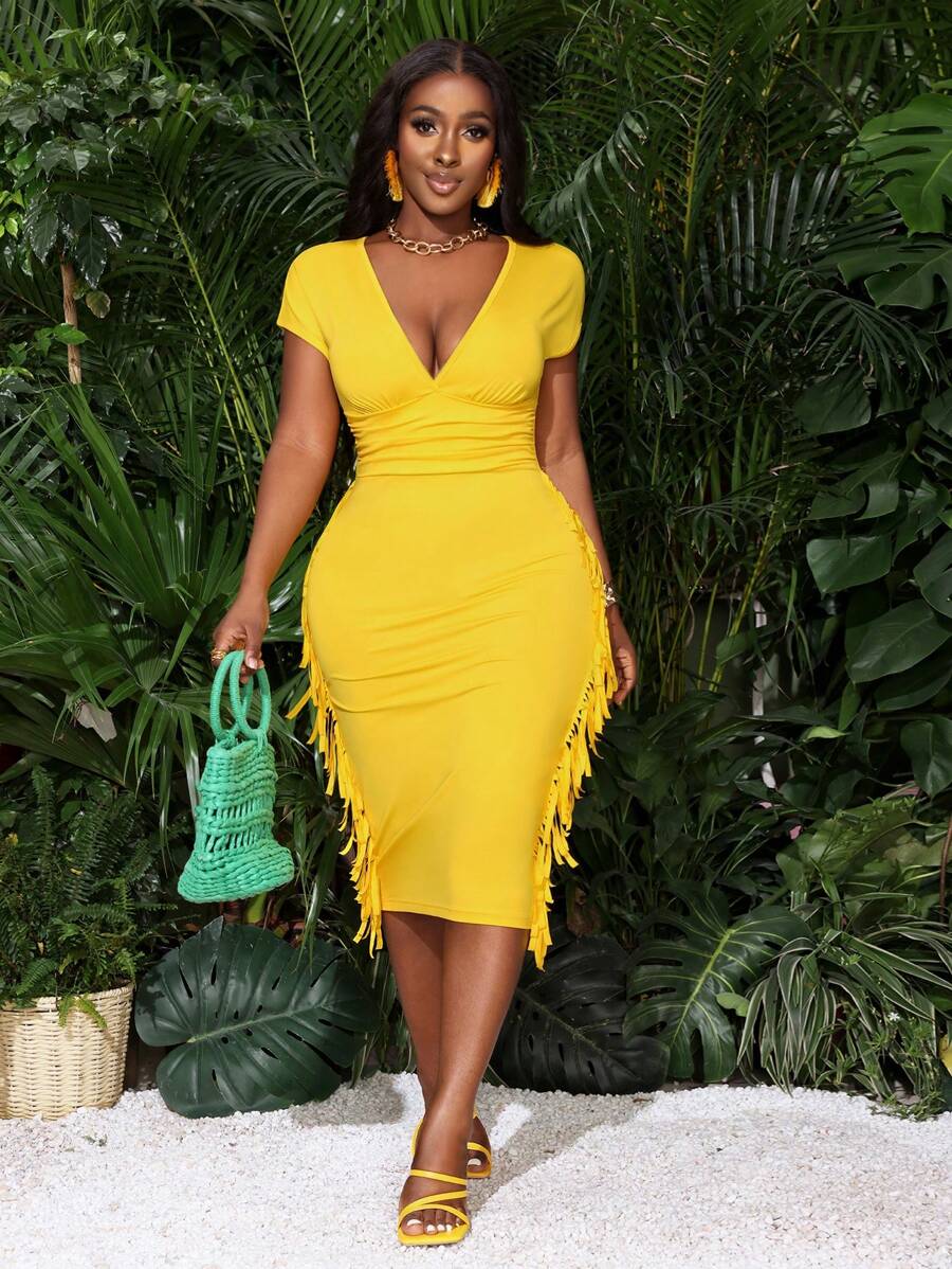 Slaydiva Vestido evasé con mangas cortas, escote en V profundo y flecos laterales de unicolor para mujer, amarillo, largo midi, para fiestas de verano y elegancia - Amarillo - Ver 1