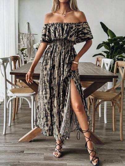 SHEIN Clasi Tie-Dye Off-The-Shoulder Plus Size Vacation Dress