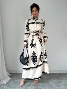 Elenzga Robe-chemise imprimée à manches longues, col rabattu, style tendance pour navetteur, motif spécifié, tenue maxi pour femmes