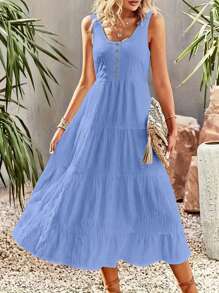 Breezaya Women's Summer Sleeveless White Textured Dress - Blue - View 1