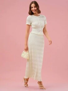 Enchnt 女裝純色簡約日常短袖襯衫及裙子套裝