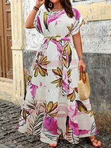 SHEIN Clasi 大码女式印花休闲短袖连衣裙长款女装 - 紫色 - 查看 1