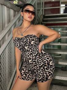 Flirla Mono de leopardo de moda de verano de talla grande, ajuste delgado