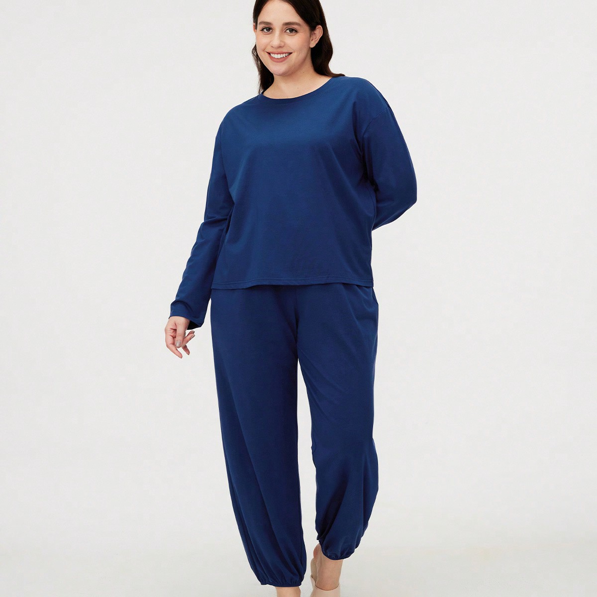Conjunto de pijama largo de mujer de algodón suave y modal en azul oscuro, conjunto de salón para usar como ropa exterior, pijamas de otoño, conjun