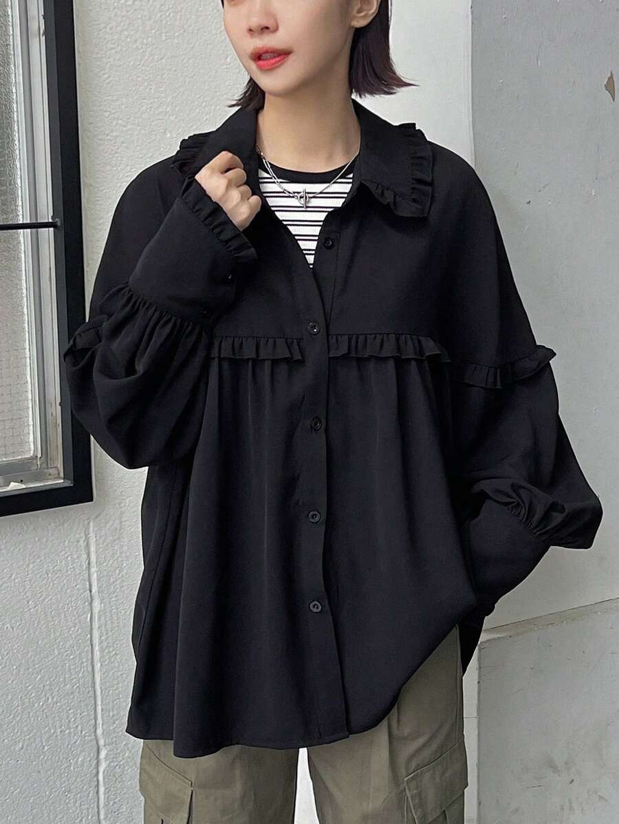 FRIFUL Women's Solid Color Front Buttoned Loose Fit Shirt With Flounced Hem, Perfect For Daily Casual Wear,Ruffle Long Sleeve Top - Black - View 1