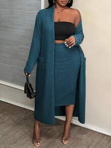 Slaydiva Plus Size Blue Fleece Knit Basic Casual Skirt Set With Long Cardigan For Early Autumn & Winter, B - Navy Blue - View 6