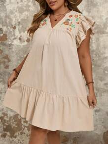 SHEIN VCAY Plus Size V-Neck Floral Embroidered Ruffle Hem Casual Dress - Apricot - View 1
