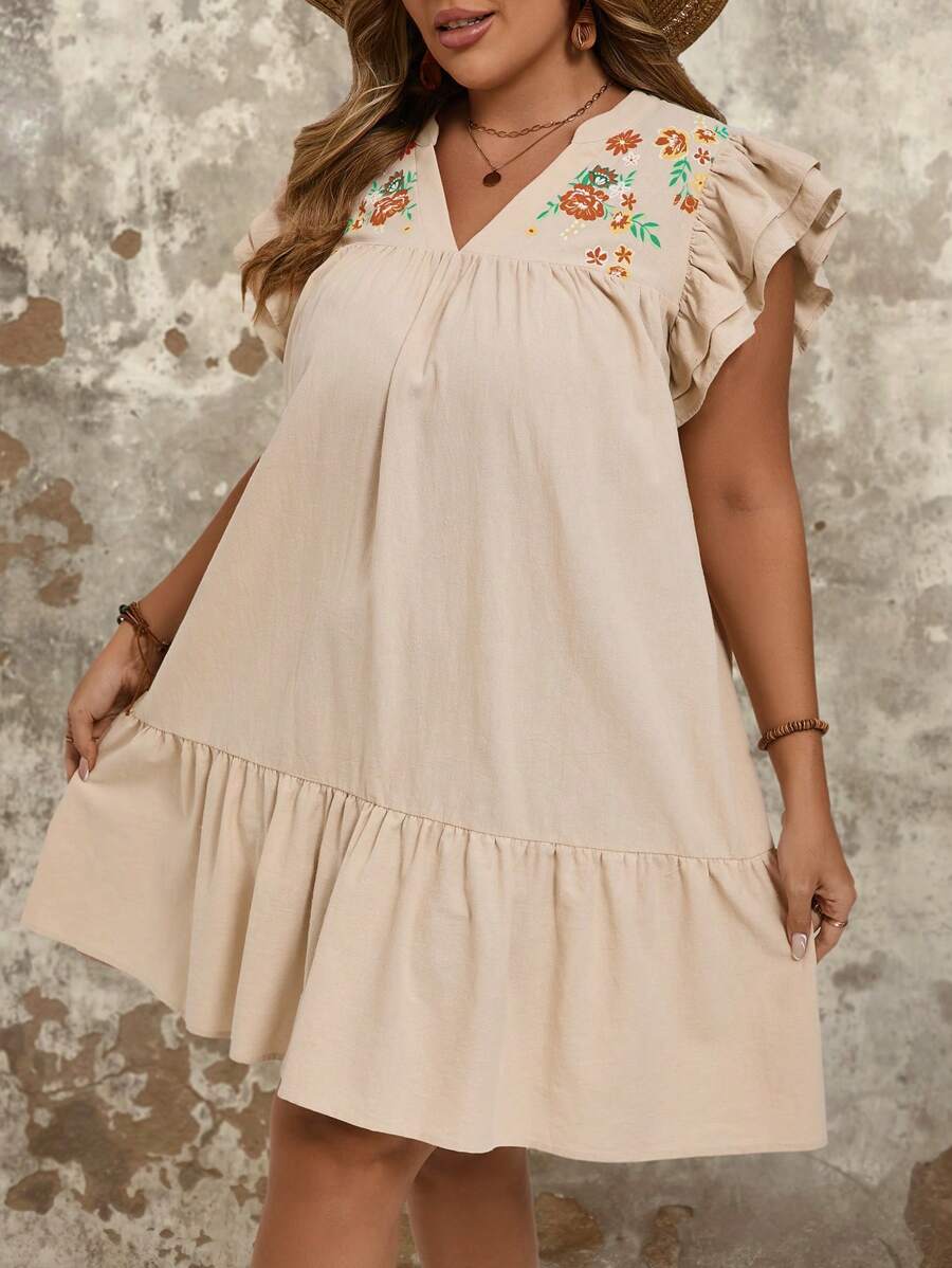 SHEIN VCAY Plus Size V-Neck Floral Embroidered Ruffle Hem Casual Dress - Apricot - View 1