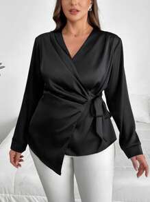 SHEIN Privé Große Größen schwarze Lässig Wickel Krawatte geraffte Einfarbige Bluse mit gekrümmtem Saum und Langarm, bequem und elegant, geeignet für Frühling und Herbst