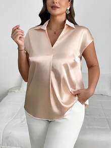 SHEIN Privé Áo sơ mi tay ngắn trơn đơn giản, thoải mái cỡ lớn dành cho nữ, có cổ bẻ và tay áo có vạt màu hoa mai - Màu be - Xem 11