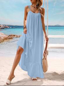 Breezaya Vestido largo amplio con fruncidos de un solo color, para vacaciones y atuendos de playa de mujer - Azul - Ver 3