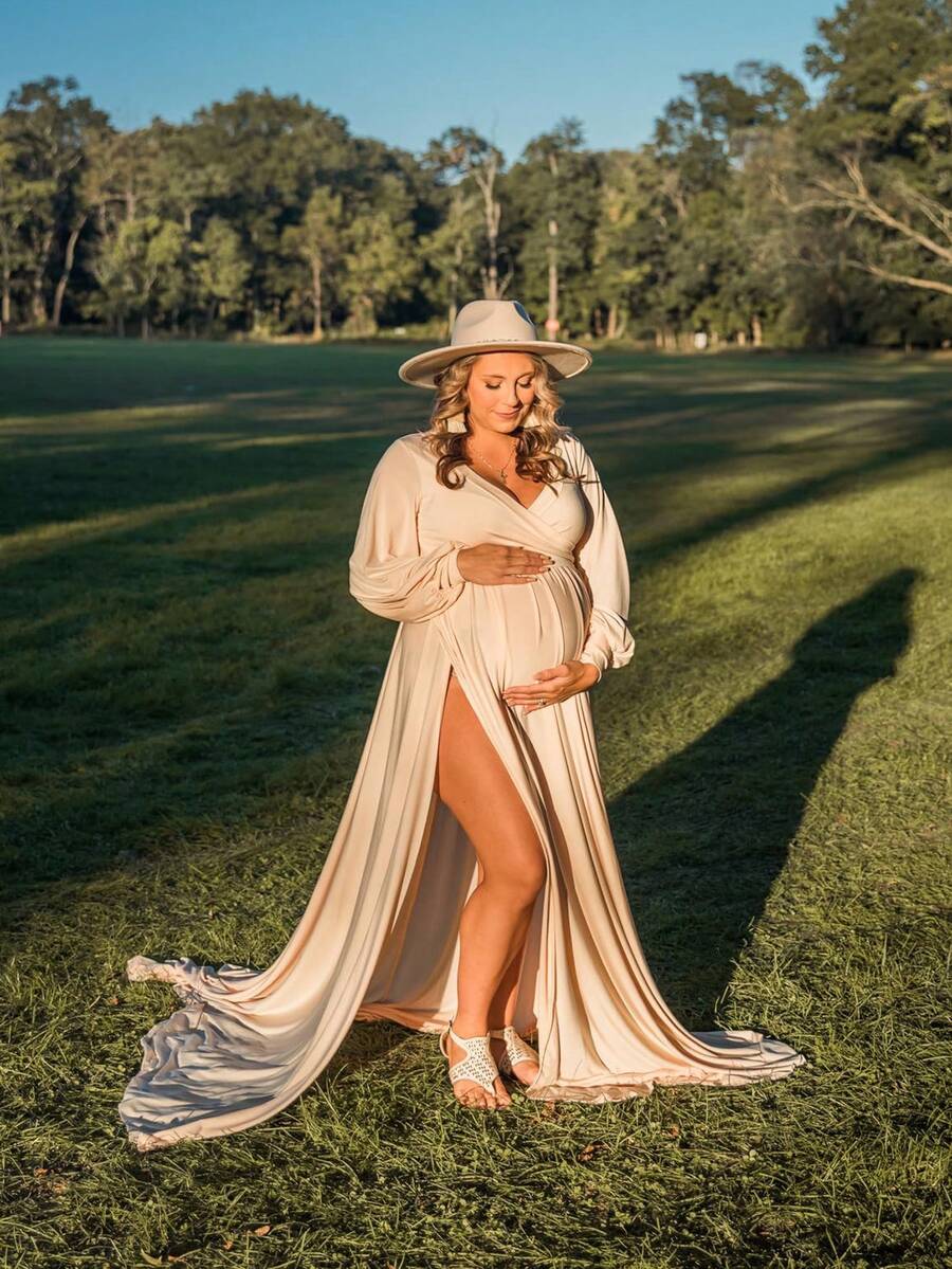 Maternity Gown Lantern Sleeves Baby Shower Dress Side Slit Photoshoot Maxi Dress For Baby Shower