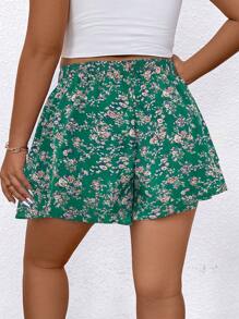 SHEIN LUNE Plus Size Women's Random Printed Casual Shorts For Daily Wear - Green - View 2