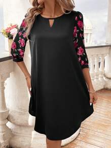 SHEIN Clasi 黑色優雅女士連衣裙，配有繡花透視網袖飾板 - 黑色 - 查看 4