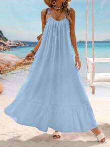 Breezaya Vestido largo amplio con fruncidos de un solo color, para vacaciones y atuendos de playa de mujer - Azul - Ver 1
