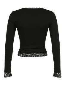 INAWLY Contrast Lace Slim Fit Scoop Neck T-Shirt, Spring Top Fall Cloth For Women - Black - View 2