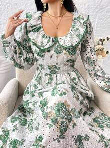 Seusyu 女士隨機印花簡約日常長袖連衣裙 - 綠色 - 查看 8