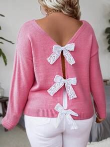 Plus Size Women Butterfly Decor Simple Pullover Sweater - Pink - View 4