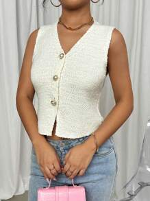 Elenzga Chaleco de suéter de punto sin mangas de cuello en V profundo y ajustado de moda para mujer, llegada nueva en 2024