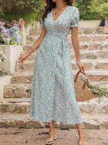 SHEIN VCAY Plus Size Women's Printed Simple Daily Short Sleeve V-Neck Dress - Multicolor - View 2