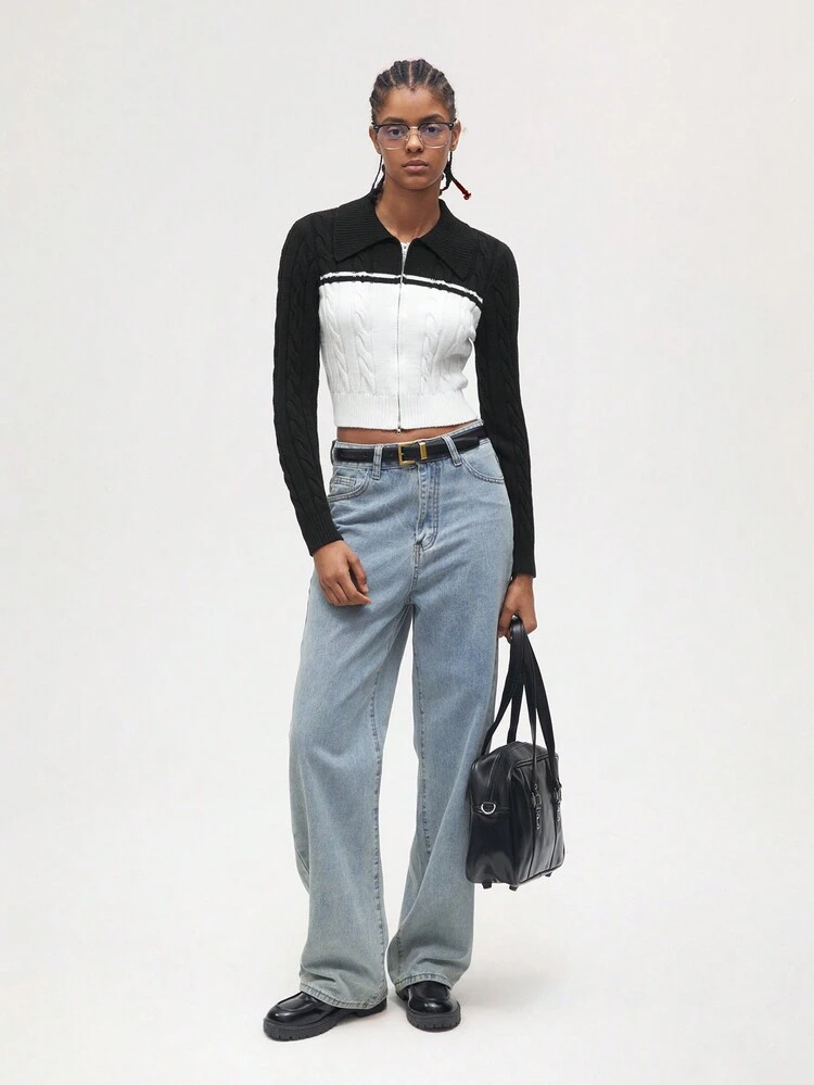 SHEIN Maija Color Block Lady's Lapel Casual Cardigan