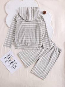 Tween Boys' Simple Light Grey Striped Shorts And Long Sleeve Hooded Zipper Top Casual Two-Piece Homewear Set - Light Grey - View 2
