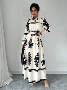 Elenzga Robe-chemise imprimée à manches longues, col rabattu, style tendance pour navetteur, motif spécifié, tenue maxi pour femmes