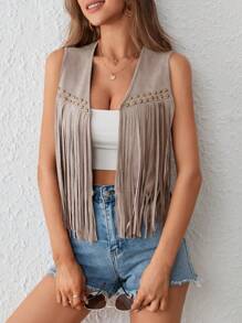 SHEIN VCAY Gilet d'été à franges avec ouverture frontale - Kaki - Voir 6