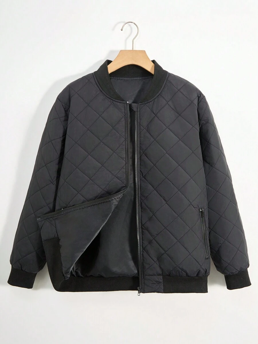 SHEIN 青少年男孩纯色简约风格日常休闲黑色棉服外套 - 黑色 - 查看 1