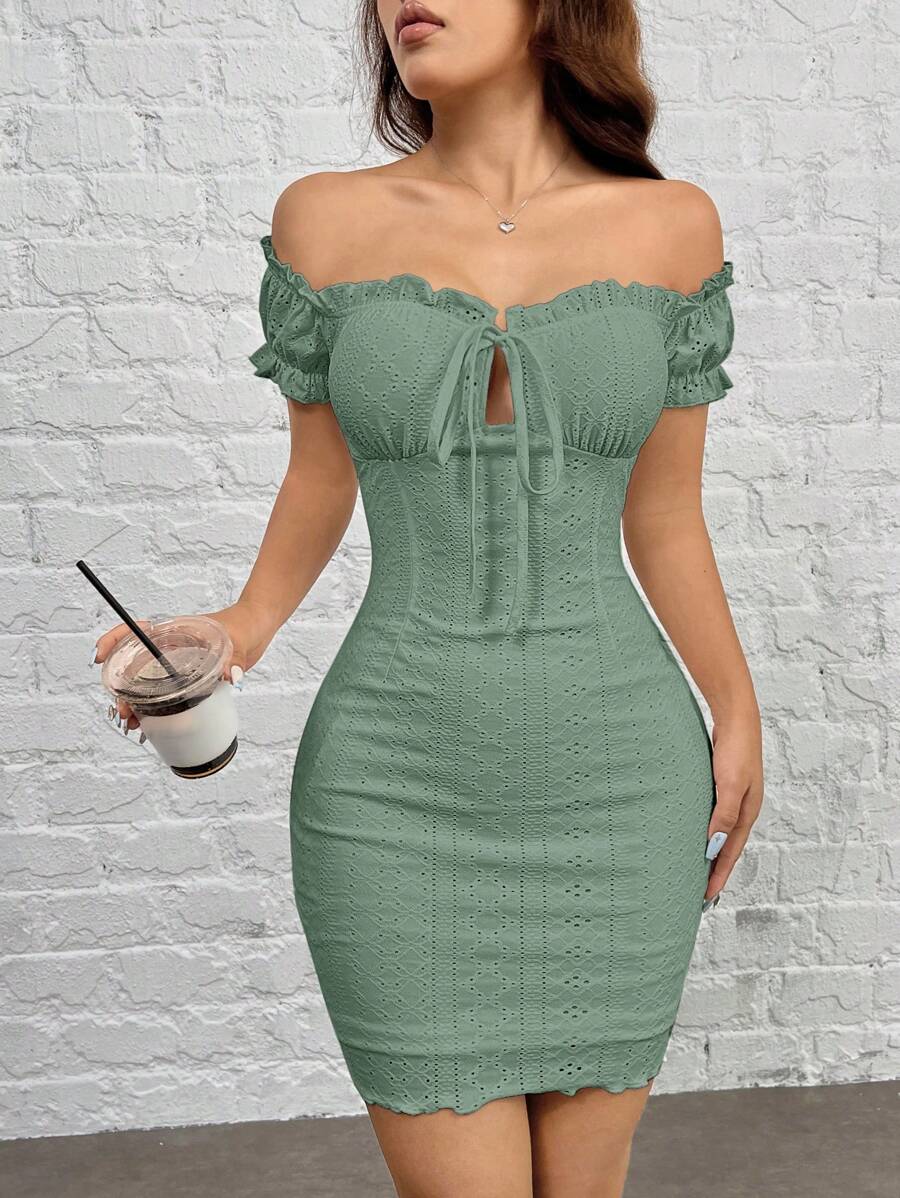 SHEIN EZwear Đầm bodycon dệt kim màu xám xanh có vai xếp nếp - Màu xanh Ô liu - Xem 1