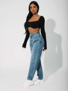 SHEIN PETITE High Waist Mom Fit Jeans - Blue - View 5