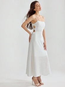Enchnt Women's Fashionable Solid Color Waist Cinching Sling Dress - White - View 7