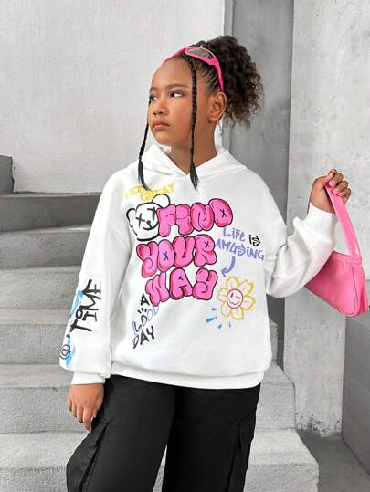 SHEIN Tween Girls Rozszerzony rozmiar Luźna bluza z kapturem i nadrukiem w stylu casual, kreskówkowa