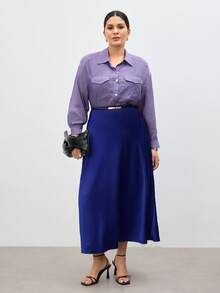 BizChic Falda noble y elegante de talla grande de satén tejido de unicolor - Azul Marino - Ver 3