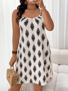 SHEIN Frenchy Vestido de vacaciones retro con efecto de lino y tirantes finos estampados para mujer de talla grande - Multicolor - Ver 6