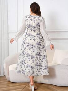 Modelyn Plus Size Square Neck Floral Printed Elegant Long Sleeve Dress, Dress For Beach, Party, Summer, Casual, Vacation And Dating - Apricot - View 5