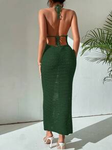 Breezaya Crochet Solid Color Sleeveless Backless Sweater Dress With Halter - Dark Green - View 2