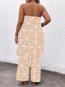 SHEIN Clasi Plus Size Women's Random Printed Cold-Shoulder Top And Long Pants Two-Piece Set, Casual - Multicolor - View 2